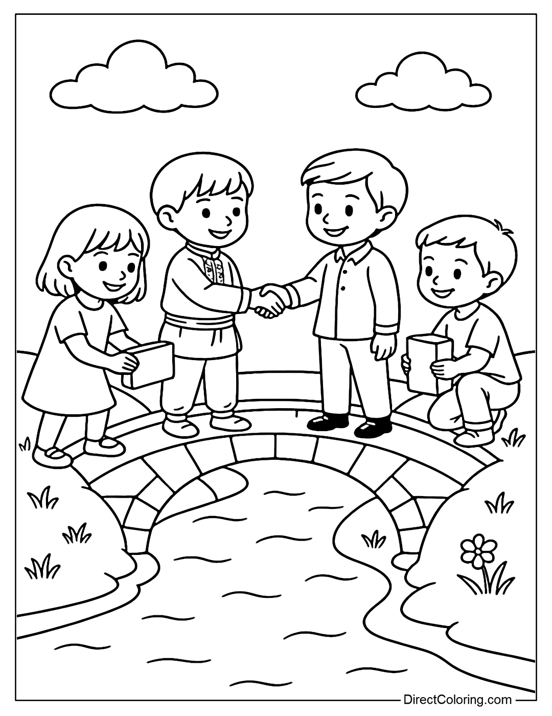 A coloring page of two groups of children building a bridge from two banks of the river, with a handshake of peace in the middle of the bridge